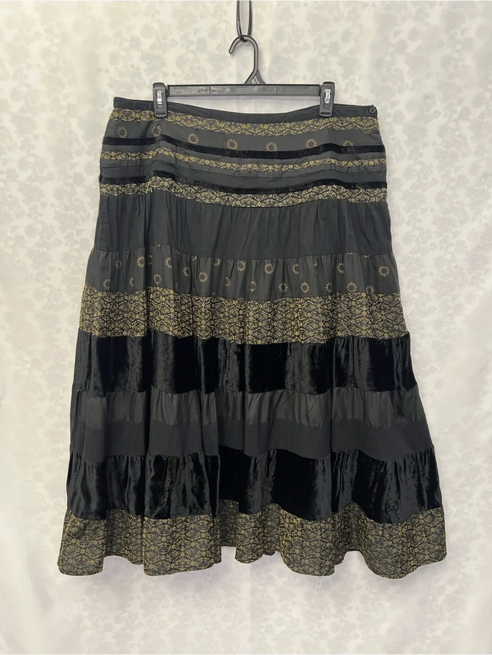 Black Tiered Maxi Skirt with Gold Lace Trim
